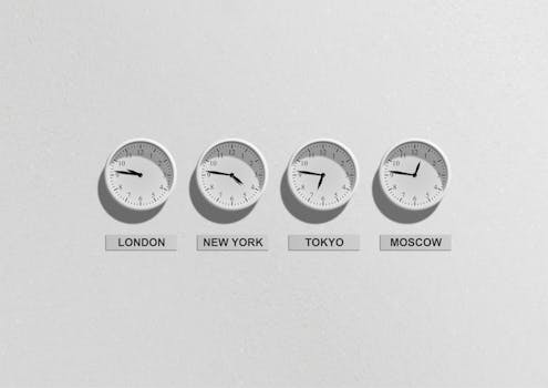 Home Four wall clocks showing different time zones for London, New York, Tokyo, and Moscow.